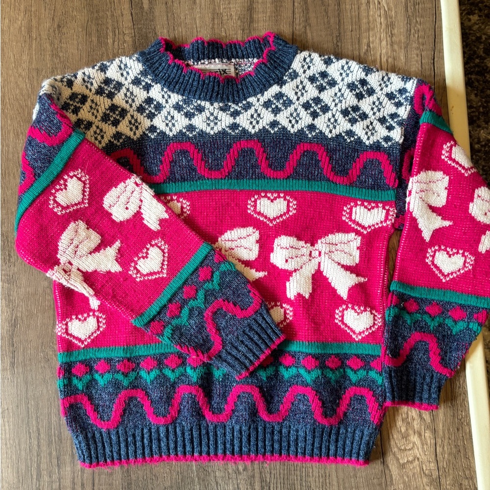 Vintage 80s 90s Kids Girls Knit Sweater Bows Colorful Girly Hearts 5/6 med